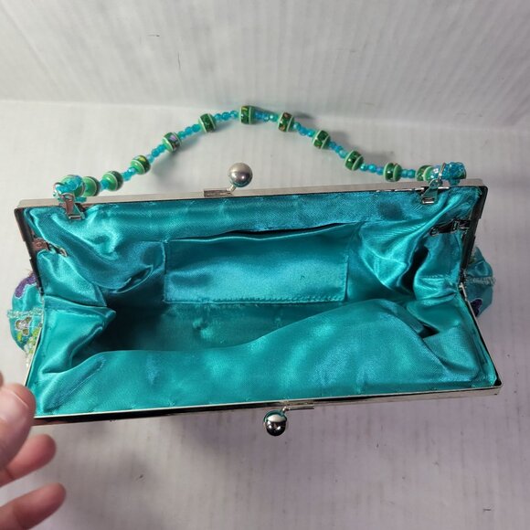Turquoise Hand Beaded & Embroidered Floral Satin Clutch Purse With Beaded Handle - Picture 7 of 8